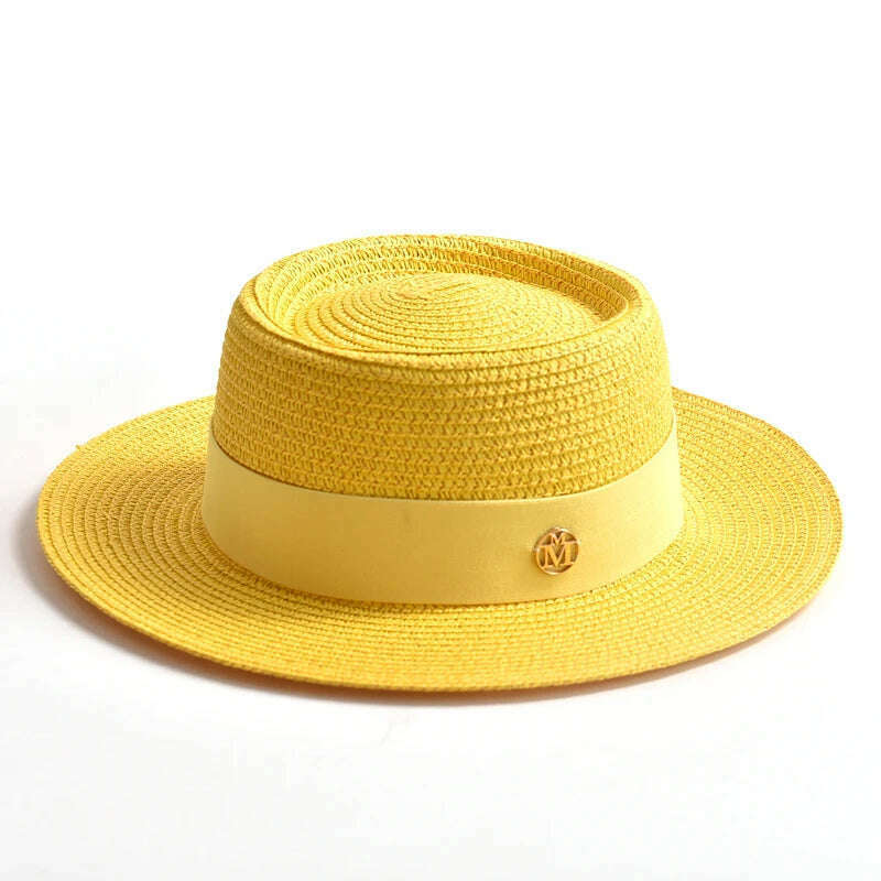 KIMLUD, New Summer Straw Sun Hats for Women Ladies Fashion Flat Brim Ribbon Beach Hat Travel Dress Cap chapeau femme, Yellow / 56-58CM, KIMLUD Womens Clothes