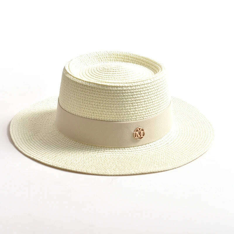KIMLUD, New Summer Straw Sun Hats for Women Ladies Fashion Flat Brim Ribbon Beach Hat Travel Dress Cap chapeau femme, Milk white / 56-58CM, KIMLUD Womens Clothes