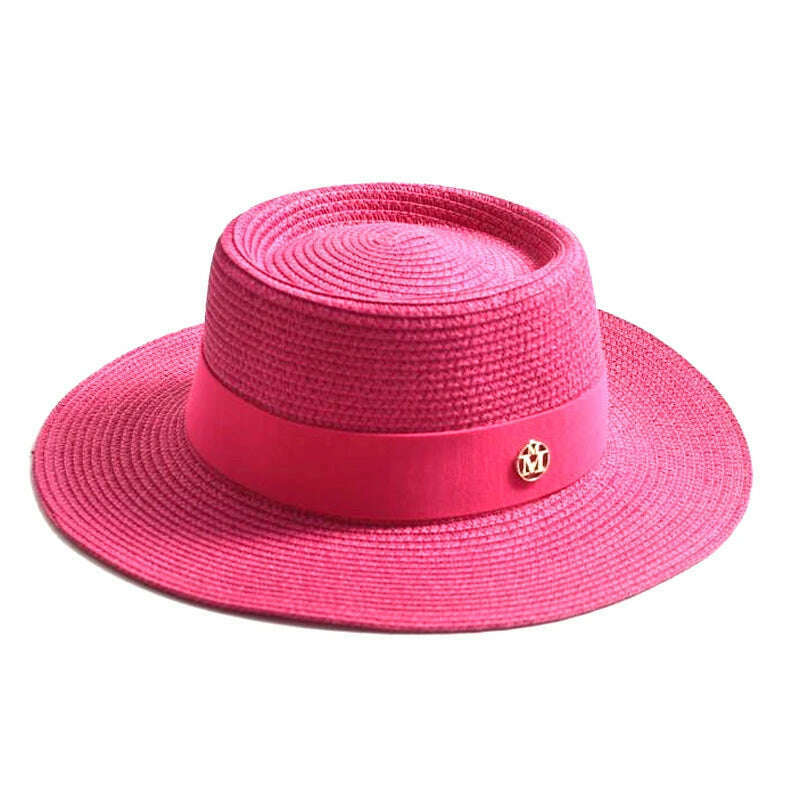 KIMLUD, New Summer Straw Sun Hats for Women Ladies Fashion Flat Brim Ribbon Beach Hat Travel Dress Cap chapeau femme, Rose / 56-58CM, KIMLUD Womens Clothes