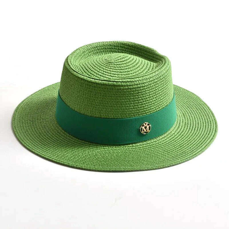 KIMLUD, New Summer Straw Sun Hats for Women Ladies Fashion Flat Brim Ribbon Beach Hat Travel Dress Cap chapeau femme, Green / 56-58CM, KIMLUD Womens Clothes