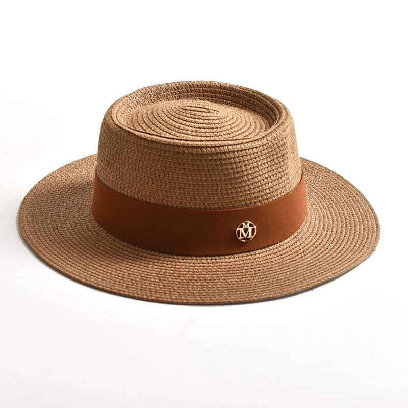 KIMLUD, New Summer Straw Sun Hats for Women Ladies Fashion Flat Brim Ribbon Beach Hat Travel Dress Cap chapeau femme, Khaki / 56-58CM, KIMLUD Womens Clothes