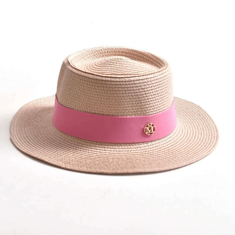 KIMLUD, New Summer Straw Sun Hats for Women Ladies Fashion Flat Brim Ribbon Beach Hat Travel Dress Cap chapeau femme, Light pink / 56-58CM, KIMLUD Womens Clothes