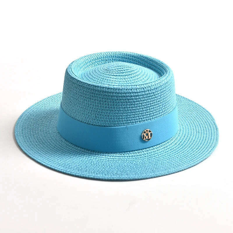KIMLUD, New Summer Straw Sun Hats for Women Ladies Fashion Flat Brim Ribbon Beach Hat Travel Dress Cap chapeau femme, Lake blue / 56-58CM, KIMLUD Womens Clothes