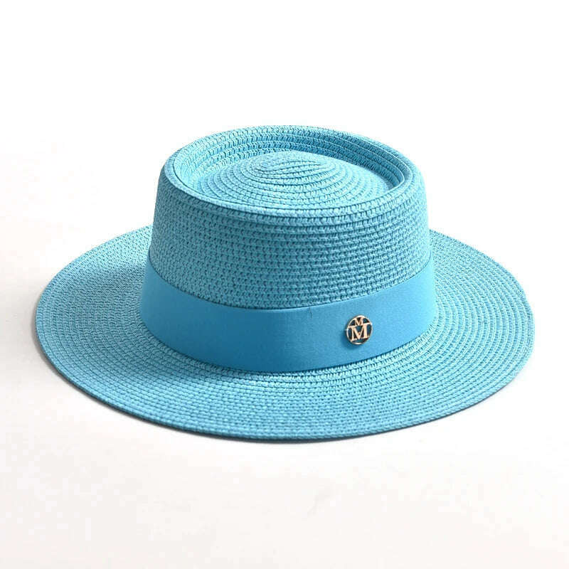 New Summer Straw Sun Hats for Women Ladies Fashion Flat Brim Ribbon Beach Hat Travel Dress Cap chapeau femme - KIMLUD