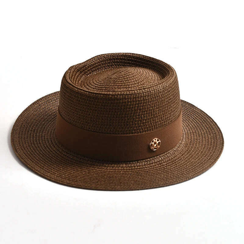 KIMLUD, New Summer Straw Sun Hats for Women Ladies Fashion Flat Brim Ribbon Beach Hat Travel Dress Cap chapeau femme, coffee / 56-58CM, KIMLUD Womens Clothes