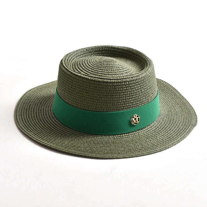 KIMLUD, New Summer Straw Sun Hats for Women Ladies Fashion Flat Brim Ribbon Beach Hat Travel Dress Cap chapeau femme, Army Green / 56-58CM, KIMLUD Womens Clothes