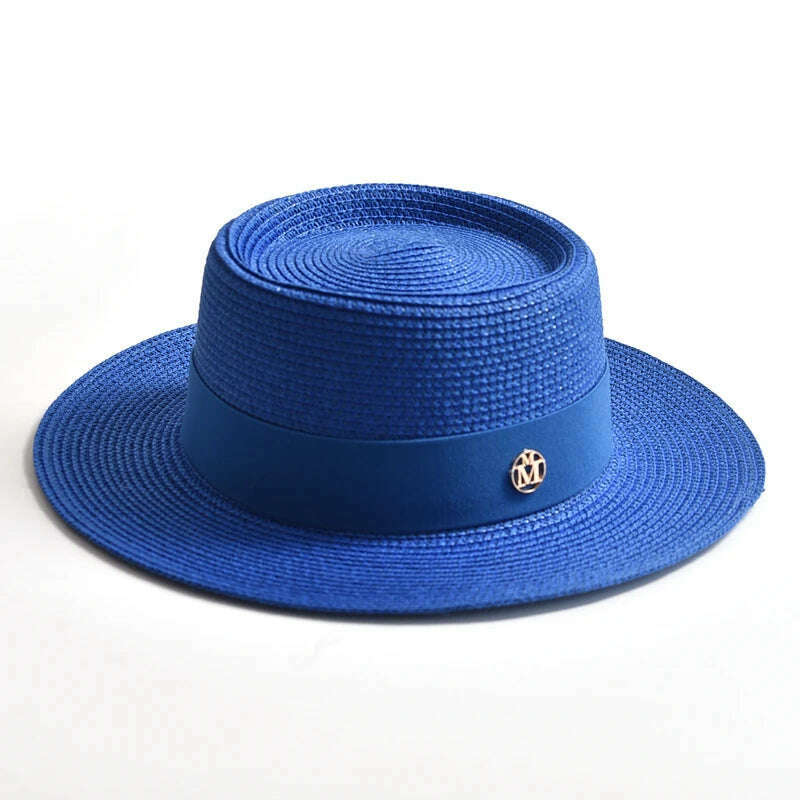 KIMLUD, New Summer Straw Sun Hats for Women Ladies Fashion Flat Brim Ribbon Beach Hat Travel Dress Cap chapeau femme, Jewel blue / 56-58CM, KIMLUD Womens Clothes