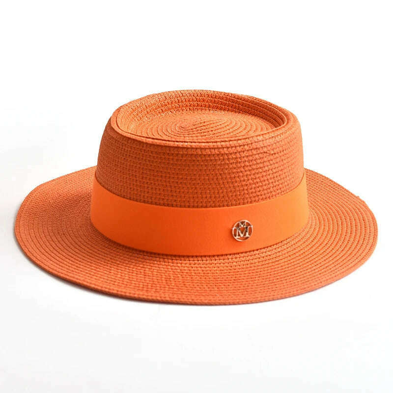 KIMLUD, New Summer Straw Sun Hats for Women Ladies Fashion Flat Brim Ribbon Beach Hat Travel Dress Cap chapeau femme, orange / 56-58CM, KIMLUD Womens Clothes