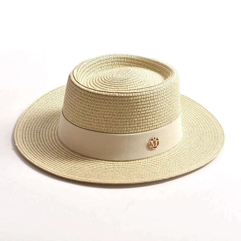 KIMLUD, New Summer Straw Sun Hats for Women Ladies Fashion Flat Brim Ribbon Beach Hat Travel Dress Cap chapeau femme, Beige / 56-58CM, KIMLUD Womens Clothes