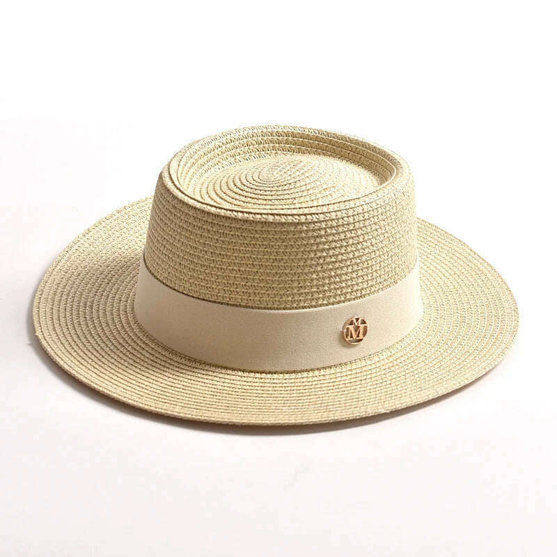 New Summer Straw Sun Hats for Women Ladies Fashion Flat Brim Ribbon Beach Hat Travel Dress Cap chapeau femme - KIMLUD
