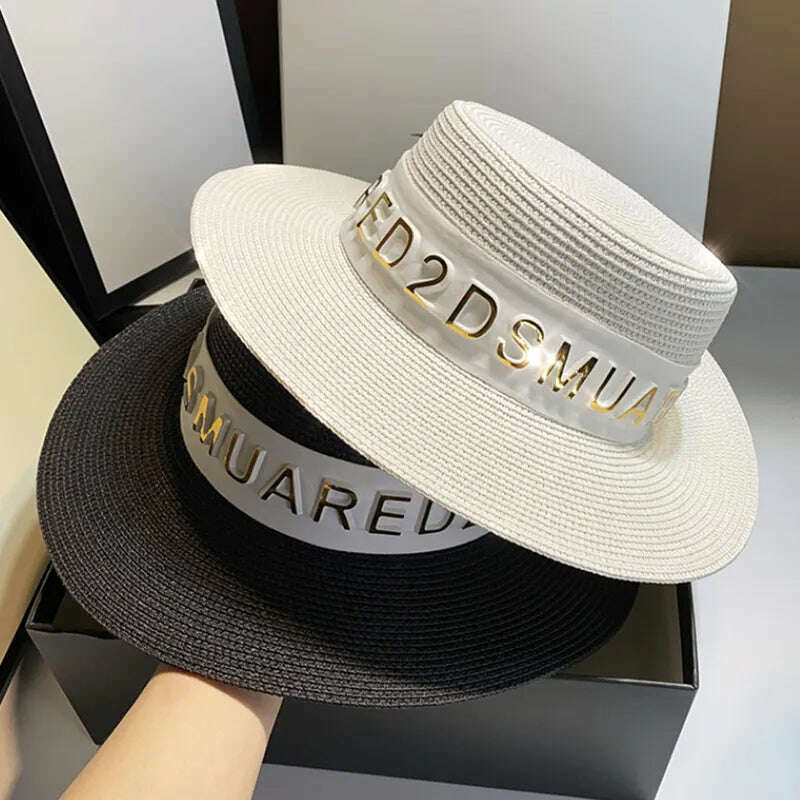 KIMLUD, New Summer Sun Hats Women Fashion Girl Straw Hat Ribbon Bow Beach Hat Casual Straw Flat Top Panama Hat Bone Feminino, KIMLUD Womens Clothes