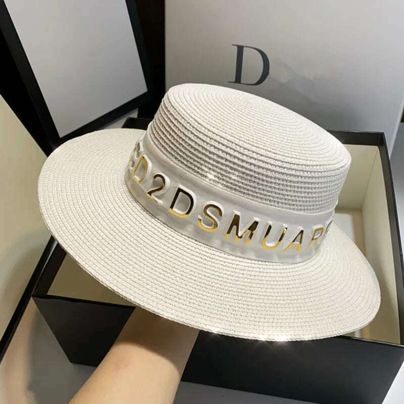 KIMLUD, New Summer Sun Hats Women Fashion Girl Straw Hat Ribbon Bow Beach Hat Casual Straw Flat Top Panama Hat Bone Feminino, white, KIMLUD Womens Clothes