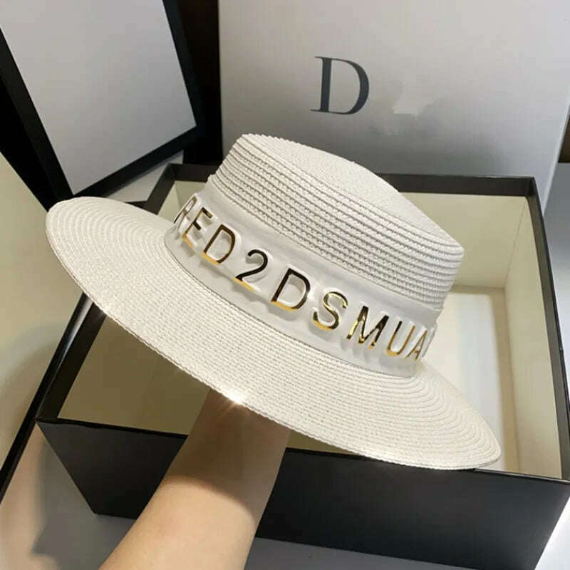 New Summer Sun Hats Women Fashion Girl Straw Hat Ribbon Bow Beach Hat Casual Straw Flat Top Panama Hat Bone Feminino - KIMLUD