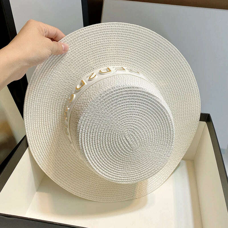 New Summer Sun Hats Women Fashion Girl Straw Hat Ribbon Bow Beach Hat Casual Straw Flat Top Panama Hat Bone Feminino - KIMLUD