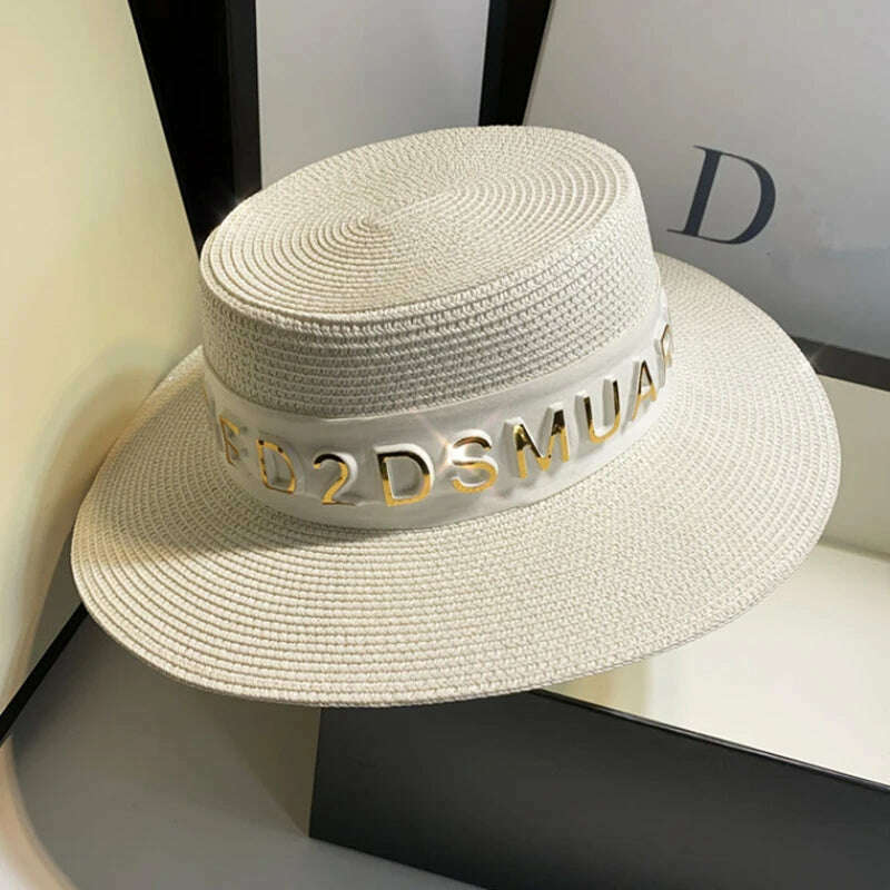 KIMLUD, New Summer Sun Hats Women Fashion Girl Straw Hat Ribbon Bow Beach Hat Casual Straw Flat Top Panama Hat Bone Feminino, KIMLUD Womens Clothes