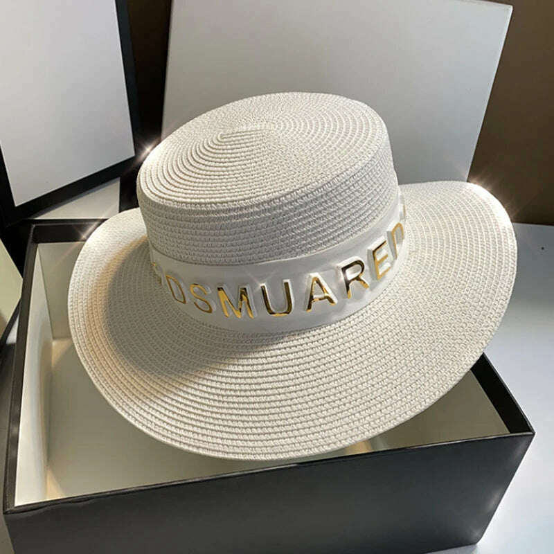 New Summer Sun Hats Women Fashion Girl Straw Hat Ribbon Bow Beach Hat Casual Straw Flat Top Panama Hat Bone Feminino - KIMLUD
