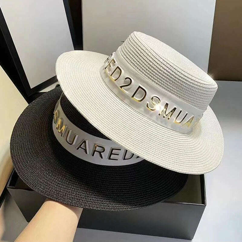 New Summer Sun Hats Women Fashion Girl Straw Hat Ribbon Bow Beach Hat Casual Straw Flat Top Panama Hat Bone Feminino - KIMLUD
