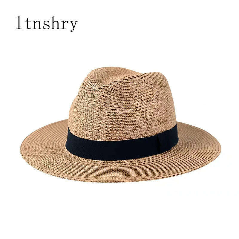 New Summer unisex Ribbon sun hat casual vacation Panama Topper hat straw hat women Beach jazz men hats Foldable Chapeau, KIMLUD Women's Clothes