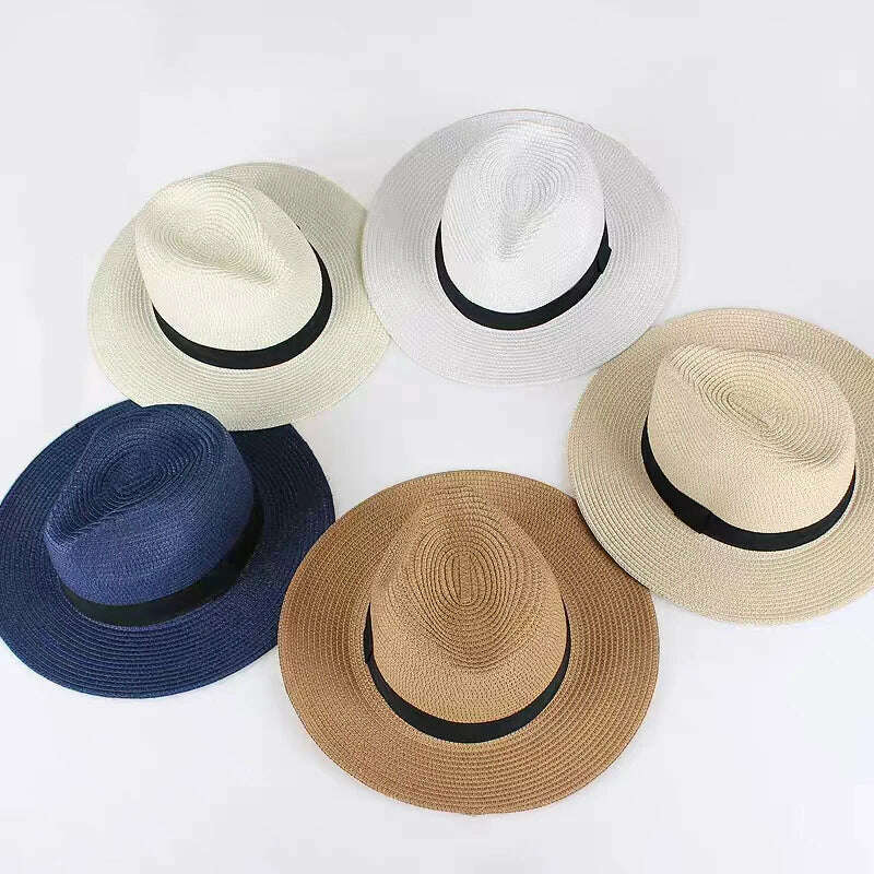 KIMLUD, New Summer unisex Ribbon sun hat casual vacation Panama Topper hat straw hat women Beach jazz men hats Foldable Chapeau, KIMLUD Womens Clothes