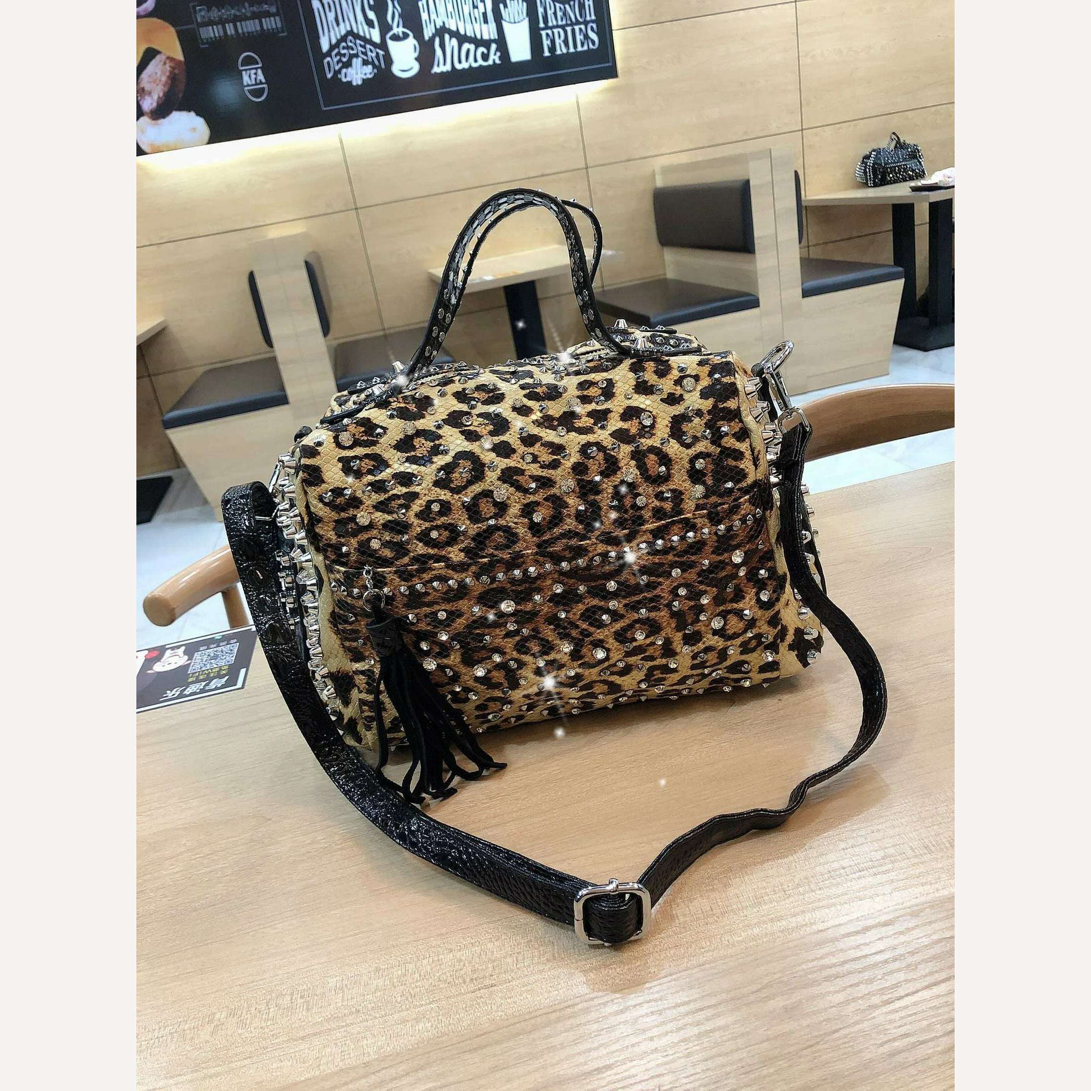 KIMLUD, New trend handbags personality fashion retro leopard rhinestone handbag rivet shoulder bag ladies casual handbag Messenger bag, KIMLUD Women's Clothes