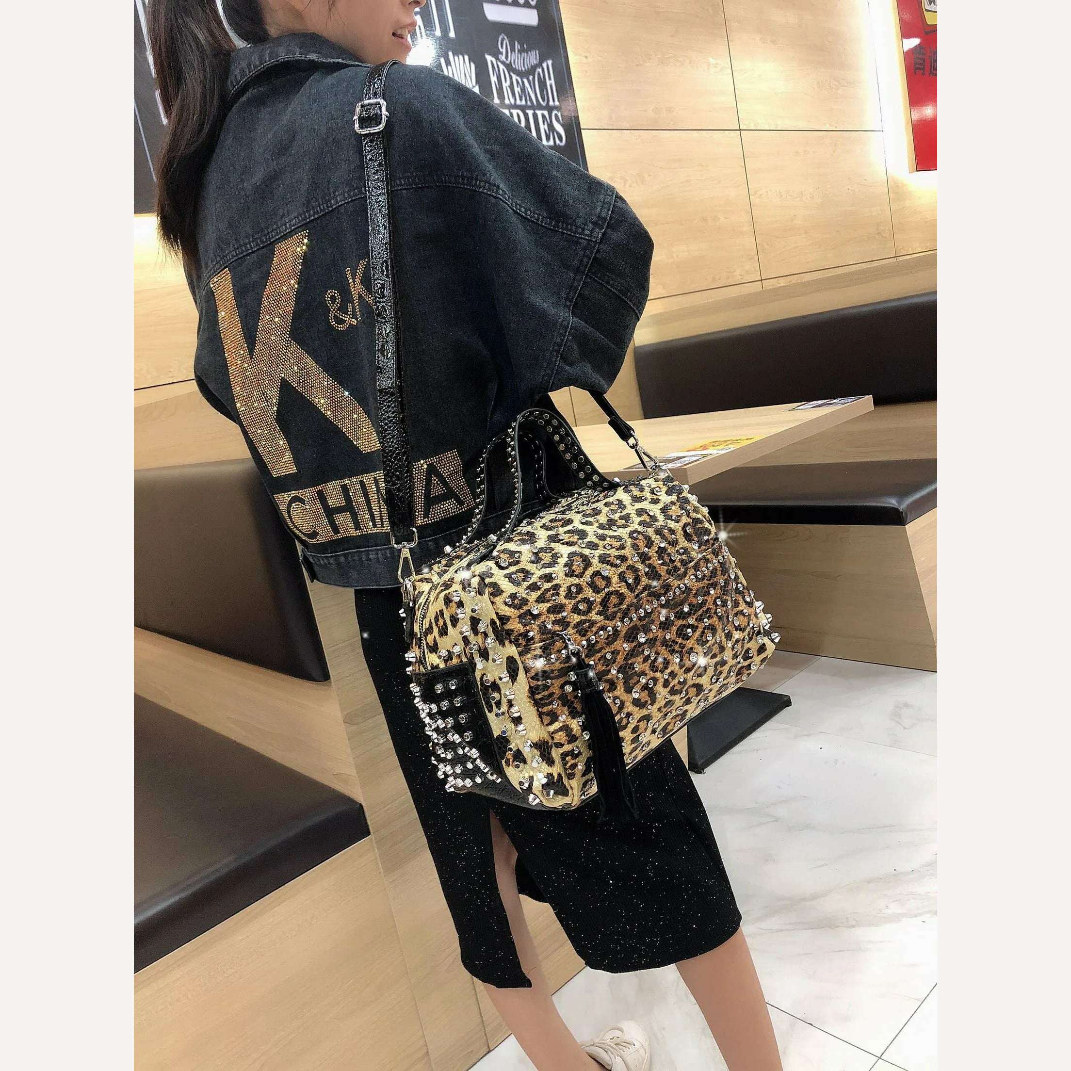 KIMLUD, New trend handbags personality fashion retro leopard rhinestone handbag rivet shoulder bag ladies casual handbag Messenger bag, KIMLUD Womens Clothes