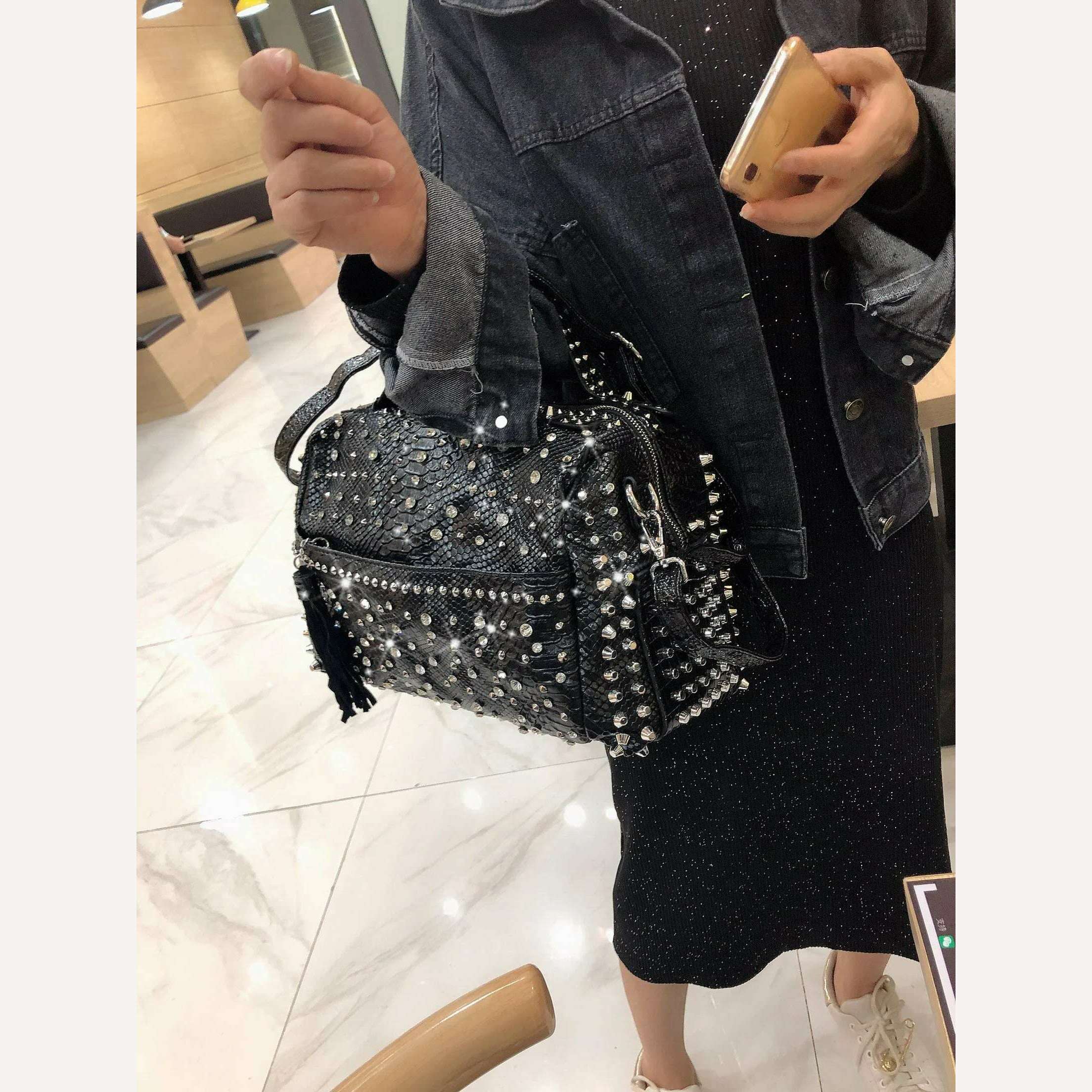 KIMLUD, New trend handbags personality fashion retro leopard rhinestone handbag rivet shoulder bag ladies casual handbag Messenger bag, KIMLUD Women's Clothes