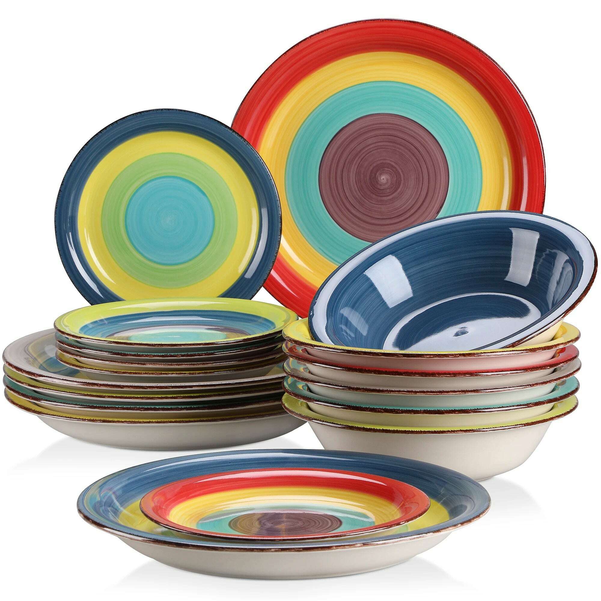 KIMLUD, New Vancasso Arco 18-Piece Ceramic Tableware Set Handpainted Spiral and Alternately Colourful Pattern Stoneware Dinner Set for 6, KIMLUD Womens Clothes