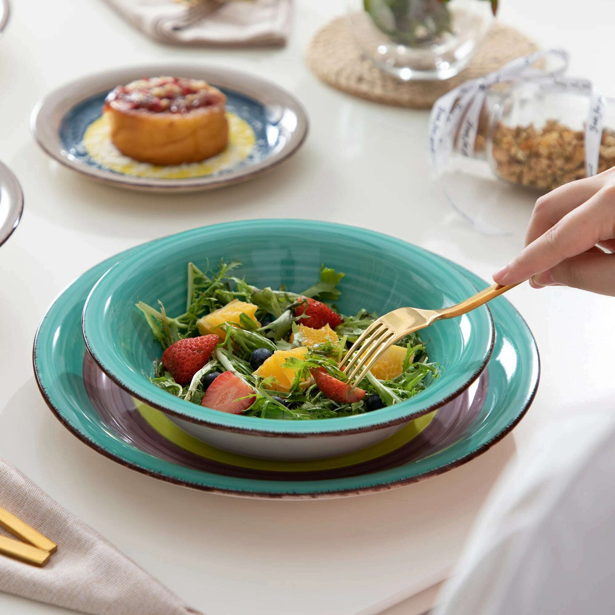New Vancasso Arco 18-Piece Ceramic Tableware Set Handpainted Spiral and Alternately Colourful Pattern Stoneware Dinner Set for 6 - KIMLUD