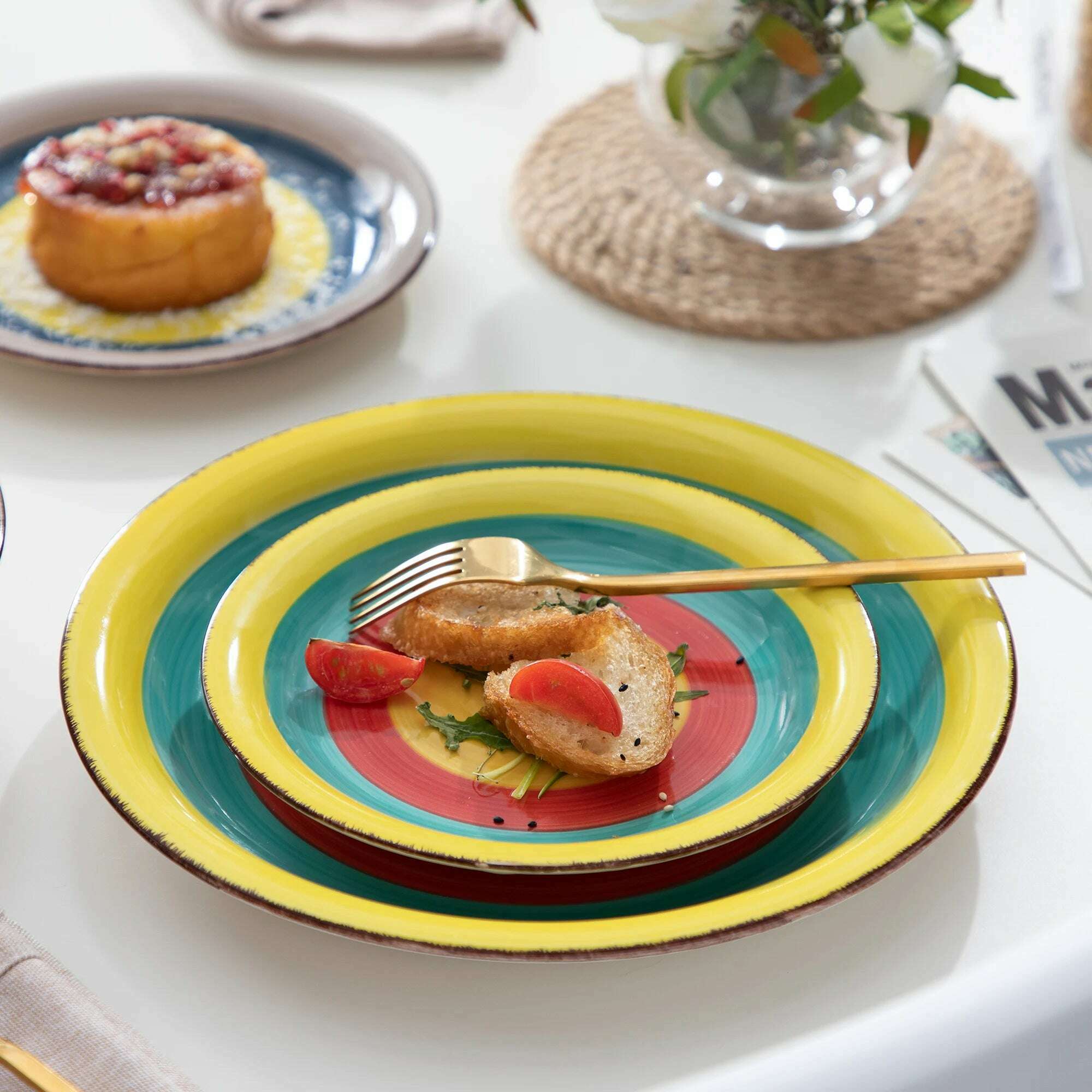 New Vancasso Arco 18-Piece Ceramic Tableware Set Handpainted Spiral and Alternately Colourful Pattern Stoneware Dinner Set for 6 - KIMLUD