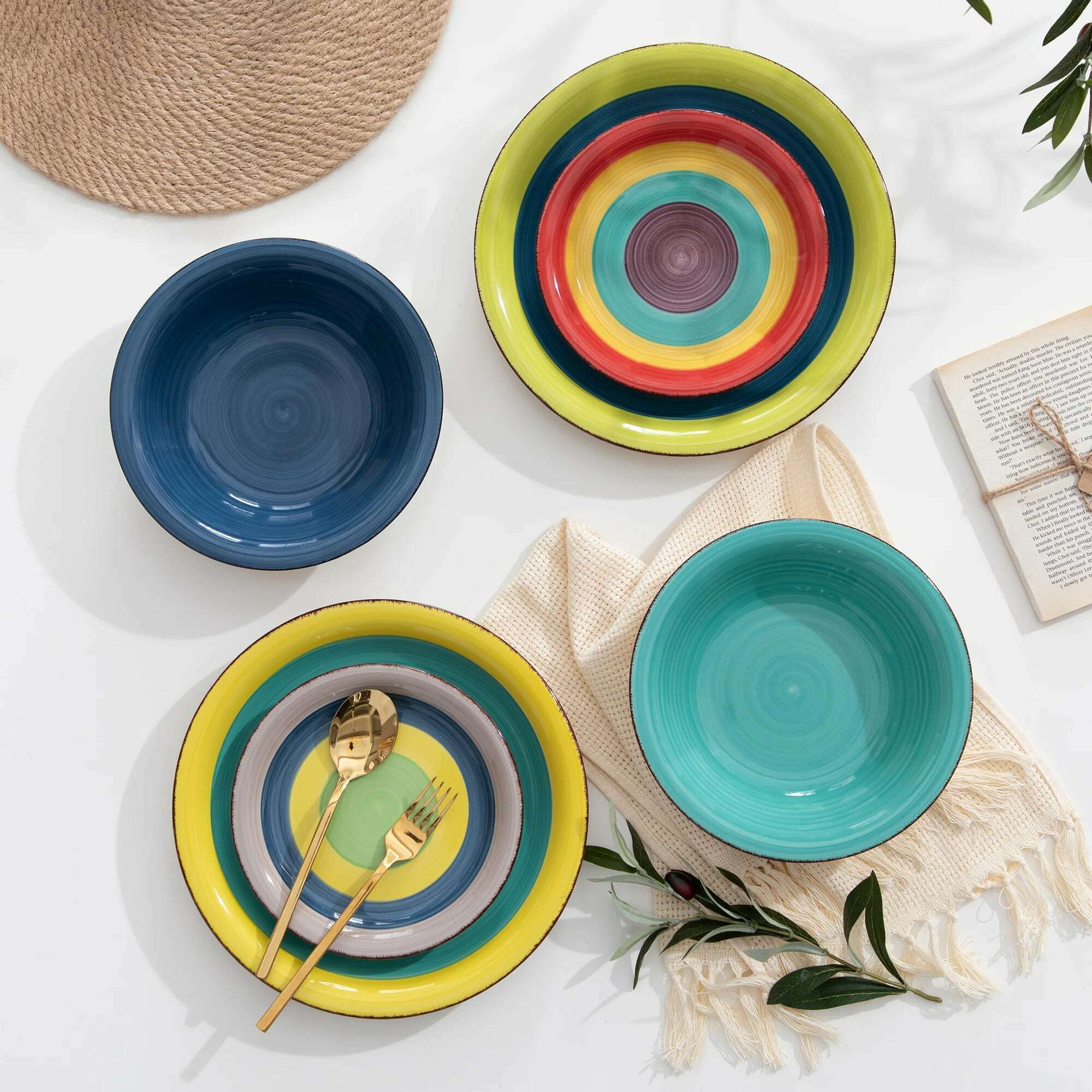 New Vancasso Arco 18-Piece Ceramic Tableware Set Handpainted Spiral and Alternately Colourful Pattern Stoneware Dinner Set for 6 - KIMLUD