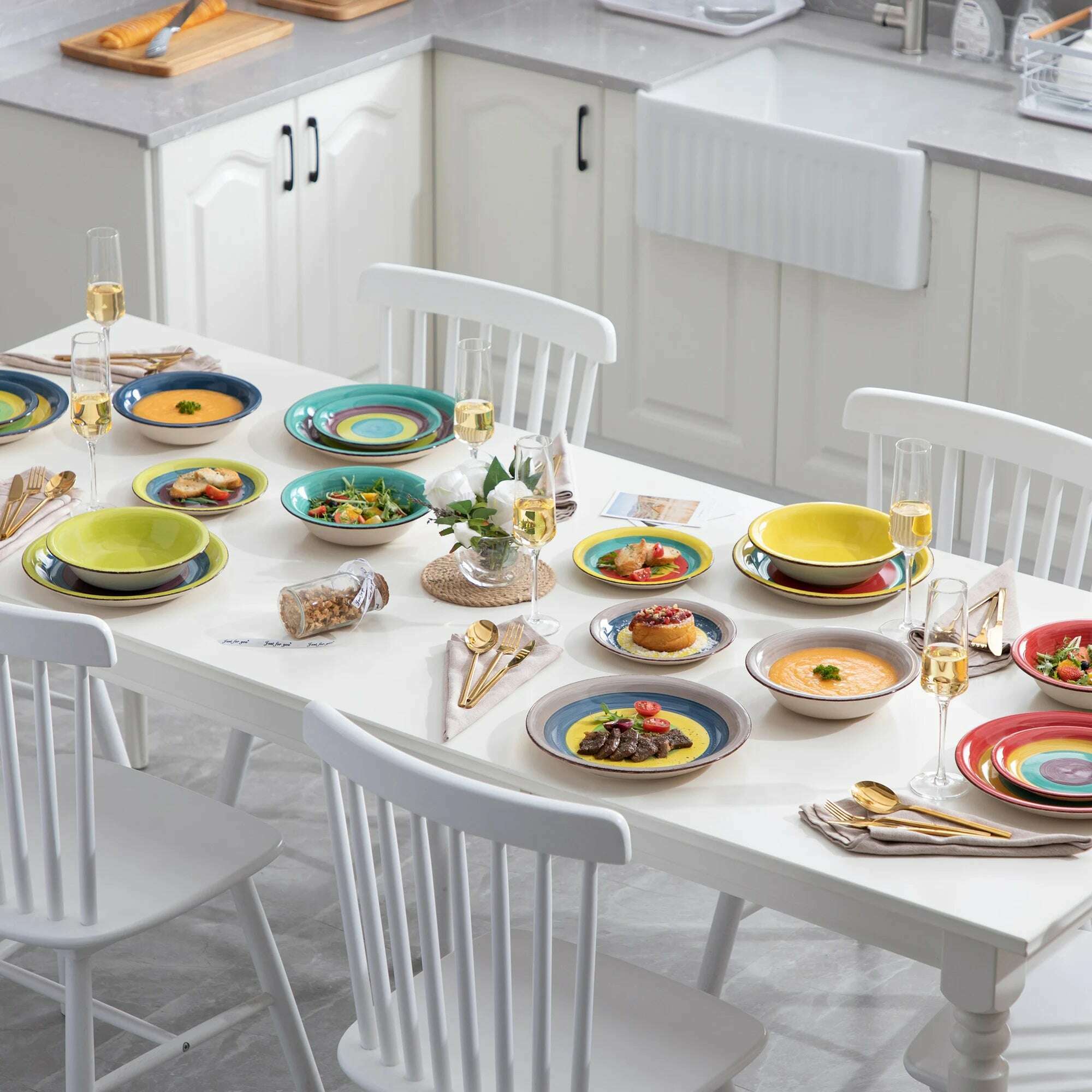 New Vancasso Arco 18-Piece Ceramic Tableware Set Handpainted Spiral and Alternately Colourful Pattern Stoneware Dinner Set for 6 - KIMLUD