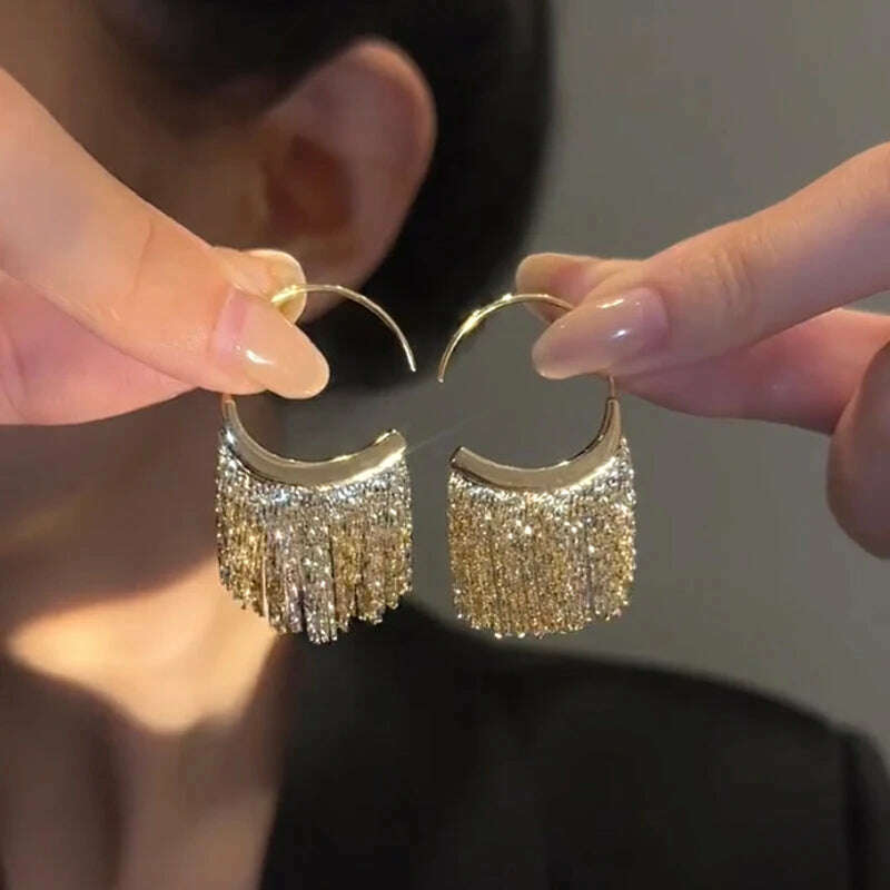 KIMLUD, New Version 925 Silver Dense Snake Bone Tassel Earrings Women's Simple Golden Silver Color Earrings Party Jewelry Beautiful Gift, ER059 Gold, KIMLUD Women's Clothes