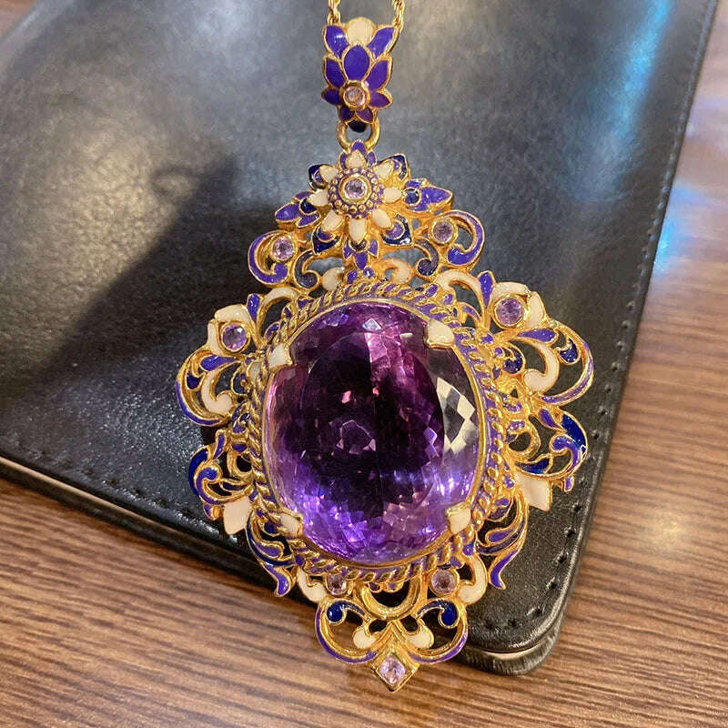 KIMLUD, New Vintage High Quality Oval Purple Stone Jewelry Sets For Women Luxury Medieval Enamel Hollow Out Big Pendant Necklaces Rings, KIMLUD Womens Clothes