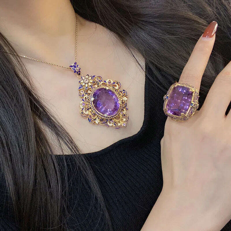 KIMLUD, New Vintage High Quality Oval Purple Stone Jewelry Sets For Women Luxury Medieval Enamel Hollow Out Big Pendant Necklaces Rings, KIMLUD Womens Clothes