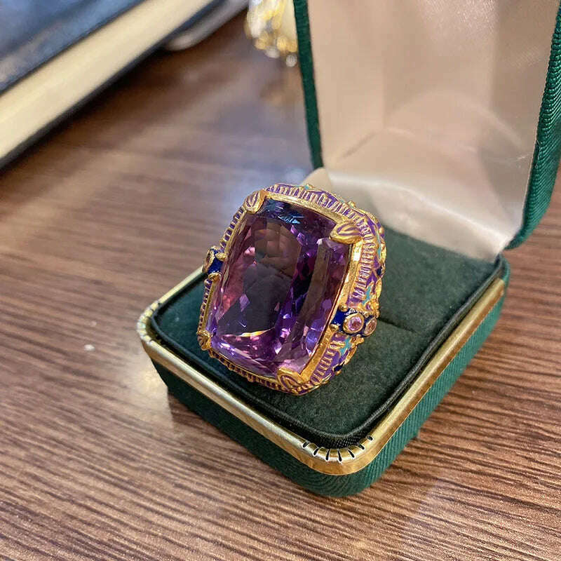 KIMLUD, New Vintage High Quality Oval Purple Stone Jewelry Sets For Women Luxury Medieval Enamel Hollow Out Big Pendant Necklaces Rings, Rings / resizable, KIMLUD APPAREL - Womens Clothes