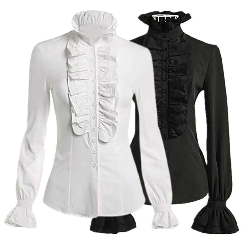 New Vintage Victorian Ruched Lace Shirts And Blouses Gothic Lolita Long Sleeve Ruffles Solid Black White Tops Shirt For Women - KIMLUD