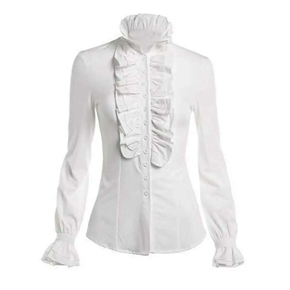 New Vintage Victorian Ruched Lace Shirts And Blouses Gothic Lolita Long Sleeve Ruffles Solid Black White Tops Shirt For Women - KIMLUD