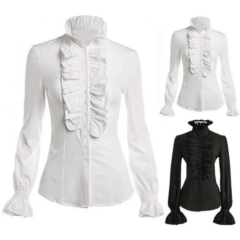 New Vintage Victorian Ruched Lace Shirts And Blouses Gothic Lolita Long Sleeve Ruffles Solid Black White Tops Shirt For Women - KIMLUD