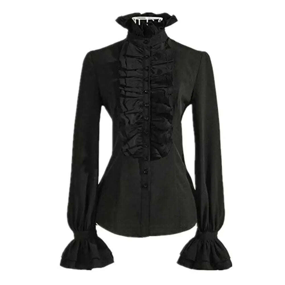 New Vintage Victorian Ruched Lace Shirts And Blouses Gothic Lolita Long Sleeve Ruffles Solid Black White Tops Shirt For Women - KIMLUD