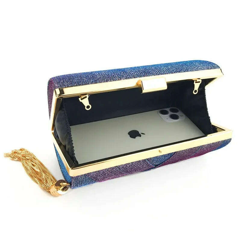 New Wallet Stylish MultiColor Dinner Bag Evening Luxury Women Bridal Party Prom Golden Tassel Wedding Clutch Purse Shiny Handbag - KIMLUD