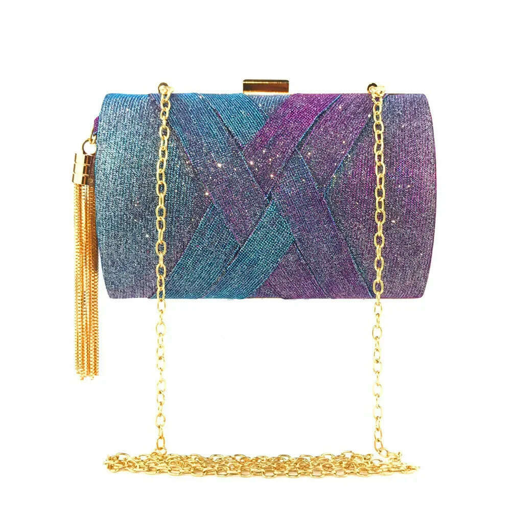 KIMLUD, New Wallet Stylish MultiColor Dinner Bag Evening Luxury Women Bridal Party Prom Golden Tassel Wedding Clutch Purse Shiny Handbag, Flash purple, KIMLUD Womens Clothes