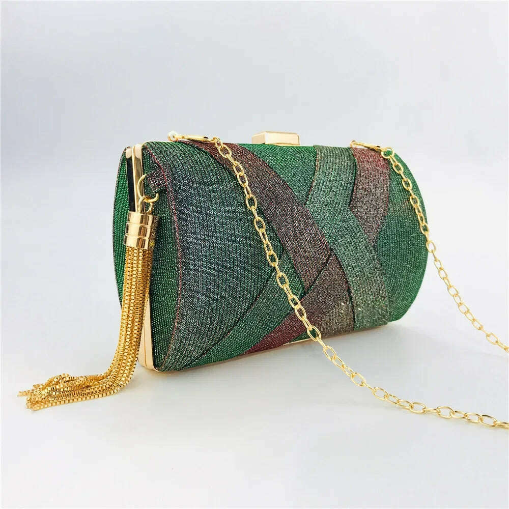 KIMLUD, New Wallet Stylish MultiColor Dinner Bag Evening Luxury Women Bridal Party Prom Golden Tassel Wedding Clutch Purse Shiny Handbag, Flashing green, KIMLUD Womens Clothes