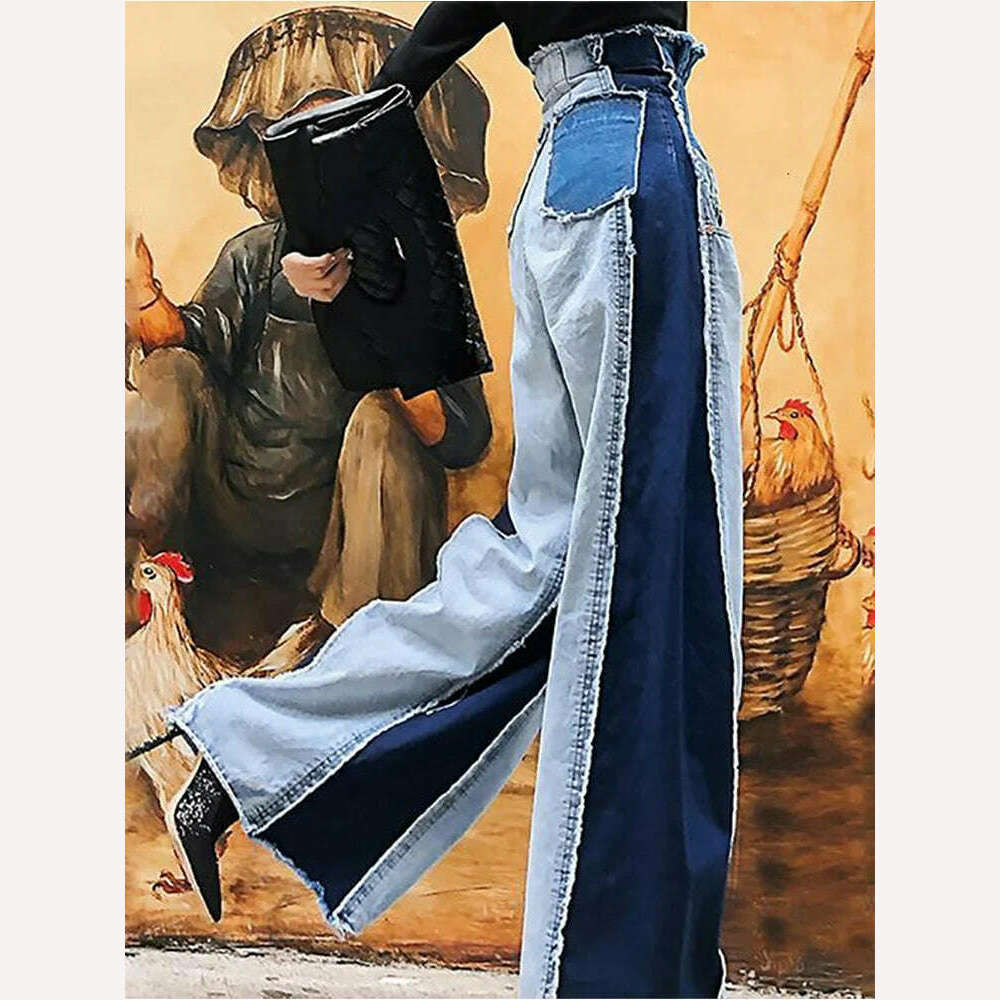 KIMLUD, New Wide Leg Jeans Women's High Waisted Pants Retro Patchwork Denim Pants Street Outfit Casual Version Fashionable Y2k Jeans, KIMLUD Womens Clothes