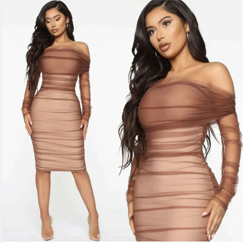 KIMLUD, New Woman Bandage Dress Vintage Vestios Brown Ruched Off Shoulder Mesh Bandage Dress Full Sleeves Autumn Woman Dress Elegant, KIMLUD Womens Clothes