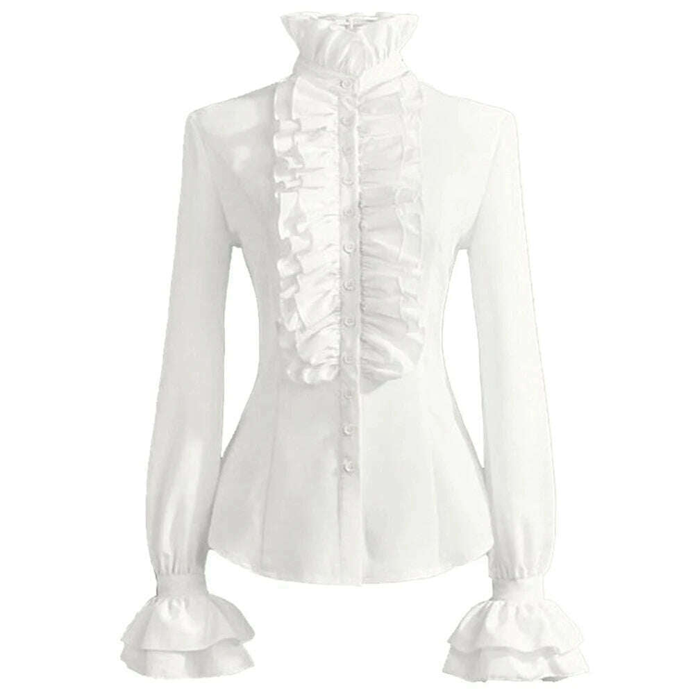 KIMLUD, New Women Autumn Long Sleeved Victorian Steampunk Button Blouse Vintage Shirt High Neck Solid Gothic Ruffle Sleeve Top Shirts, White / S / CHINA, KIMLUD APPAREL - Womens Clothes