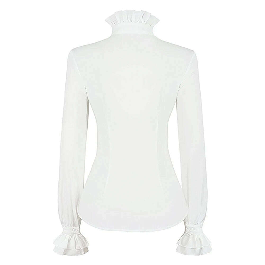KIMLUD, New Women Autumn Long Sleeved Victorian Steampunk Button Blouse Vintage Shirt High Neck Solid Gothic Ruffle Sleeve Top Shirts, KIMLUD Womens Clothes