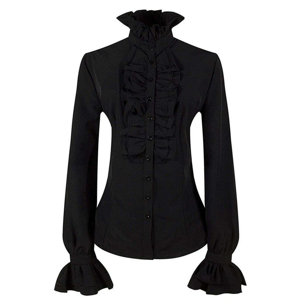 KIMLUD, New Women Autumn Long Sleeved Victorian Steampunk Button Blouse Vintage Shirt High Neck Solid Gothic Ruffle Sleeve Top Shirts, KIMLUD Womens Clothes
