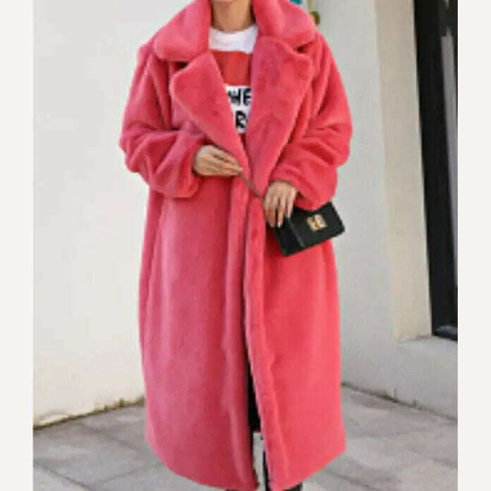 KIMLUD, New Women Autumn Winter Furry Warm Fur Outerwear Fashion Loose Faux Fur Rabbit Long Jacket Casual Thickened Fur Coat, Watermelon red / S, KIMLUD Womens Clothes