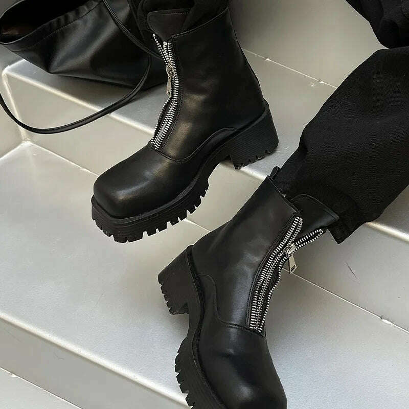 New Women MEN Leather Ankle Boots Shoes Round Toe Slip on Thick Bottom Elastic Cool Short Boots Footwear Botas De Mujer 43 44 - KIMLUD
