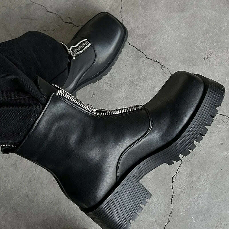New Women MEN Leather Ankle Boots Shoes Round Toe Slip on Thick Bottom Elastic Cool Short Boots Footwear Botas De Mujer 43 44 - KIMLUD
